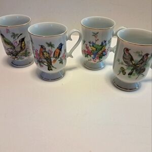 Vintage Himark Porcelain ware footed mug set (4 pieces) Birds 3" dia x 4.5 high